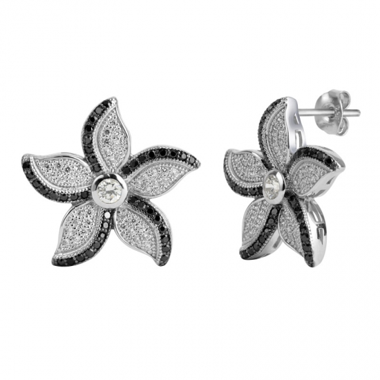 Forme de la feuille, pavé micro, boucles d'oreilles en argent 925 avec spinelle noir