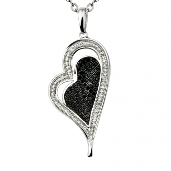 Pendentif en forme de coeur avec pendentif argent et zircon bleu noir et blanc